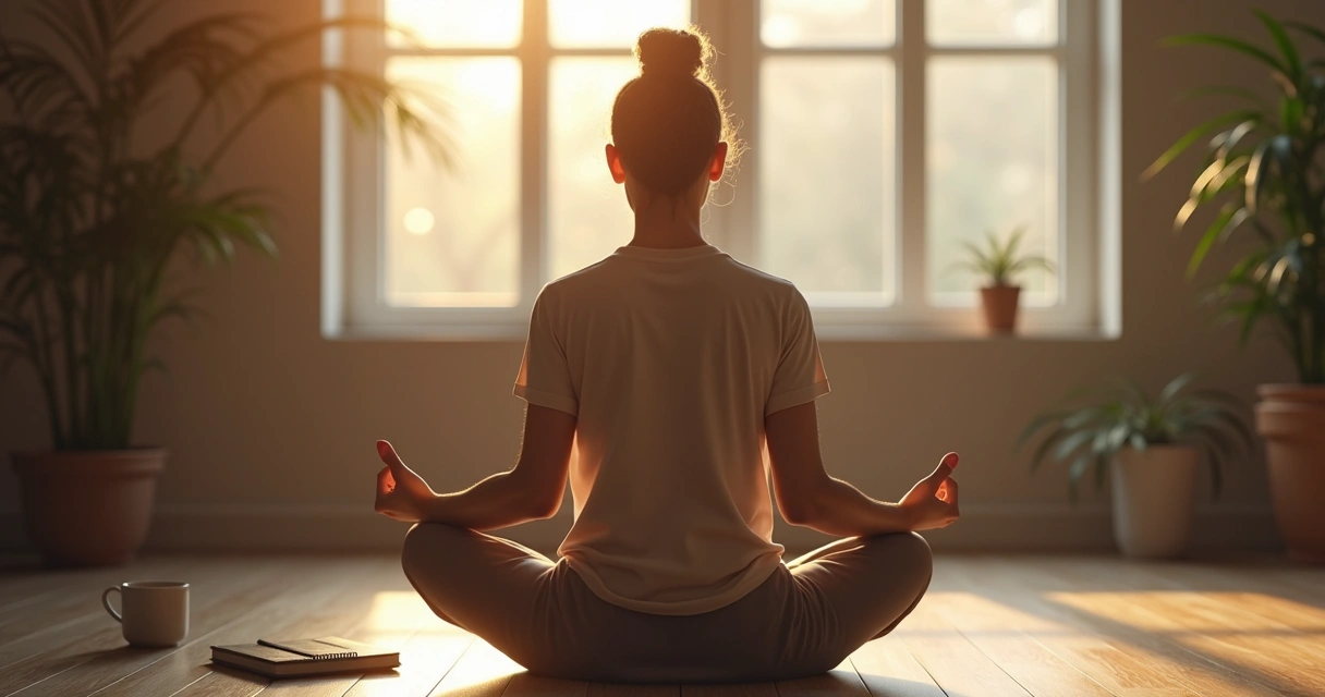 Person sitting in meditation, surrounded by gentle light and tranquil setting. 