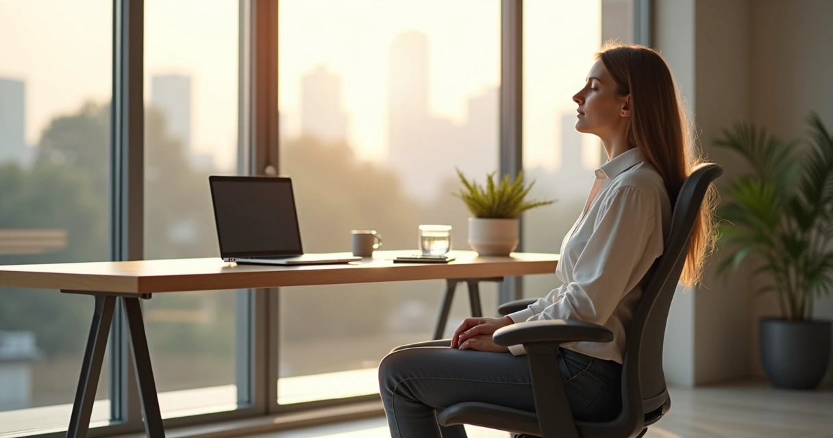 Person taking a mindful micro-break by a bright office window 