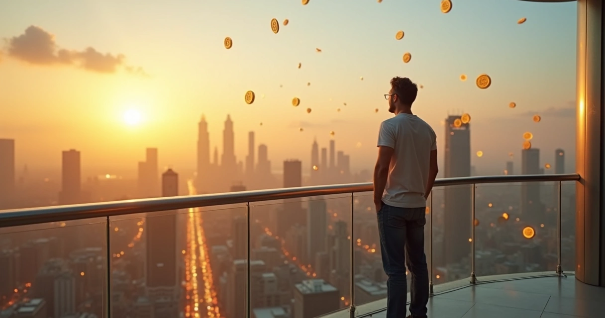 Man on rooftop observing floating luminous coins above modern city 