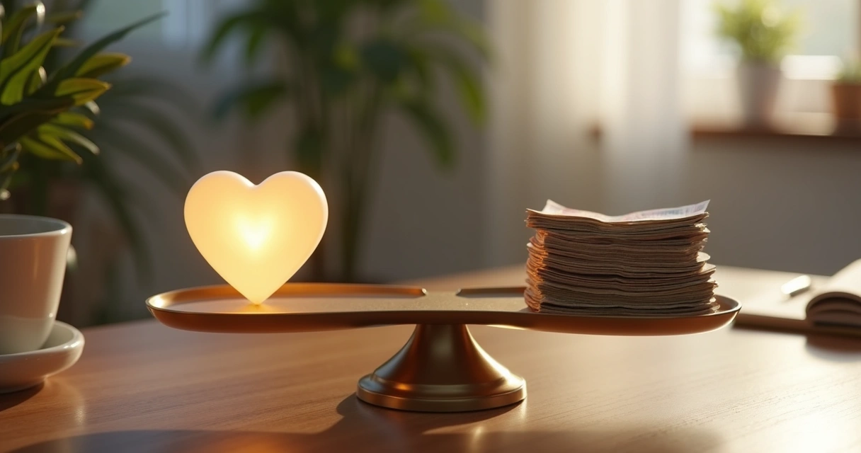 Balanced scale holding glowing heart and coins on a wooden table 
