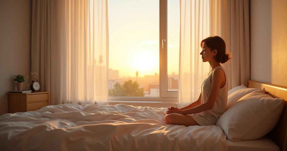 Person sitting on bed at sunrise practicing intentional breathing by an open window 
