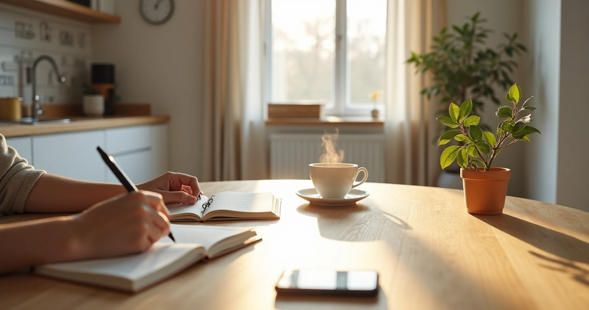 Person journaling mindfully at a tidy breakfast table during a calm morning routine 