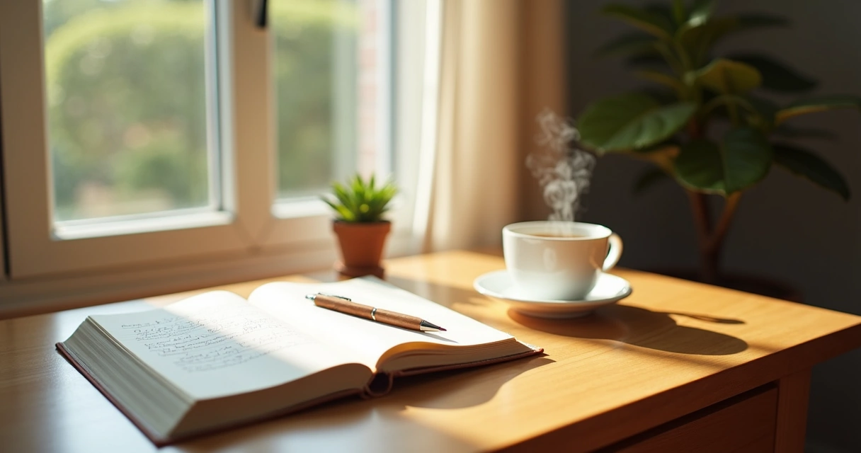 Table with journal, pen, tea cup, and plant in soft morning light. 