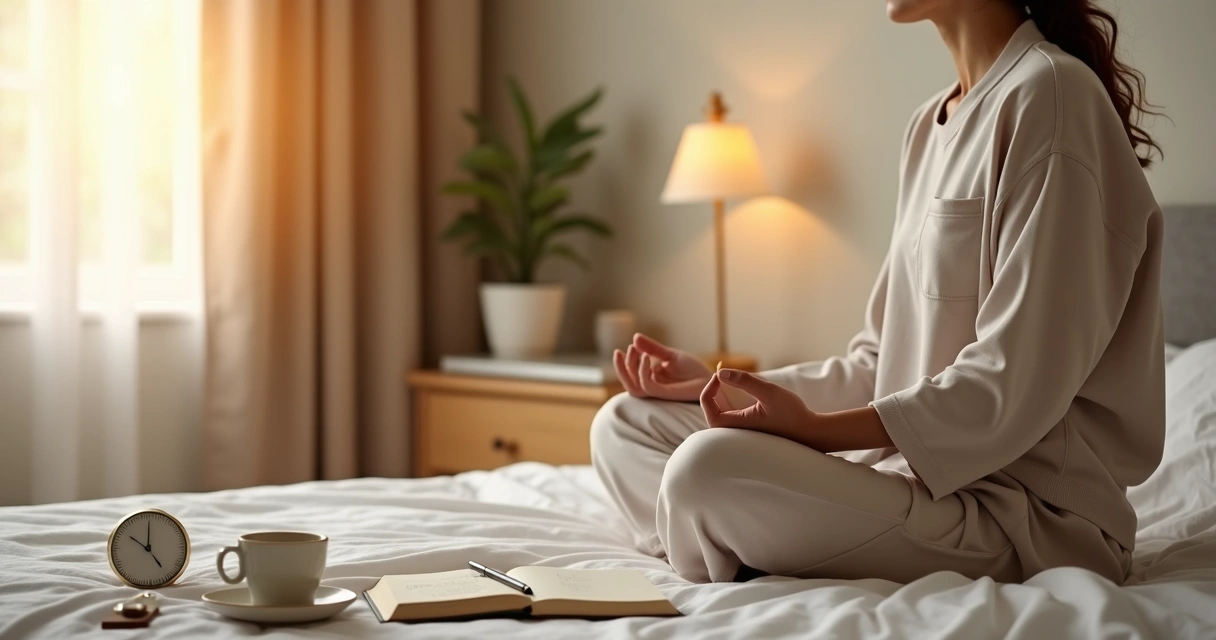 Person meditating on a bed beside a morning routine journal and cup of tea 
