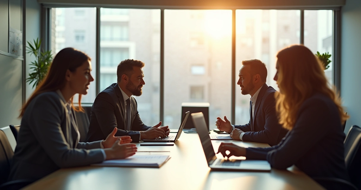 Business professionals in a meeting room engaging in conscious negotiation, nodding and making notes. 