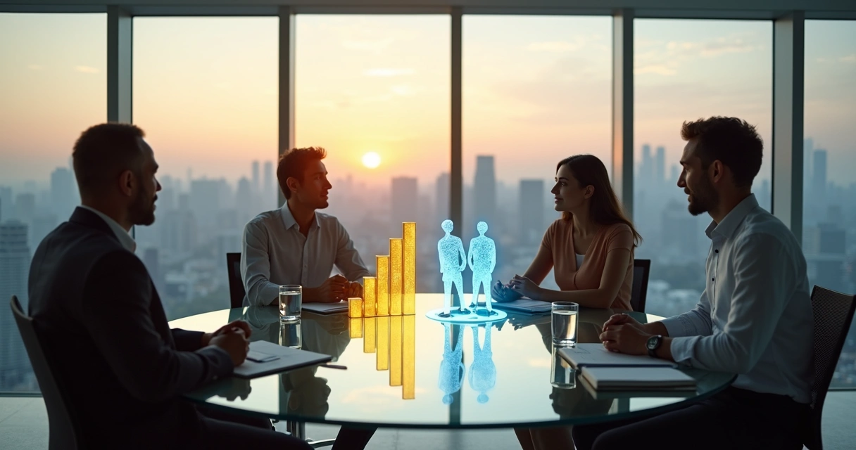 Business people at a round glass table balancing profit and human impact icons 