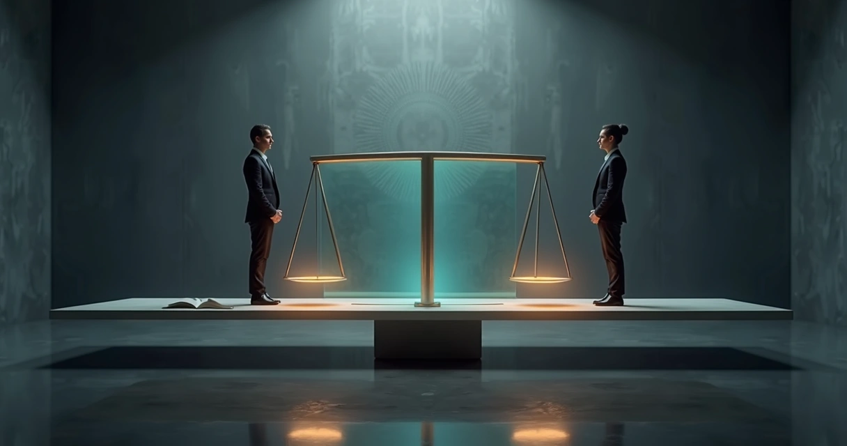 Two professionals facing across a glowing bridge-shaped scale 