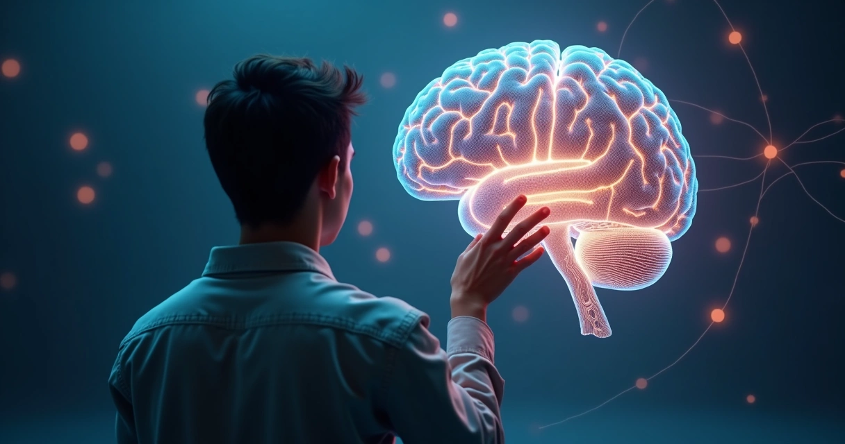 Person touching glowing neural pathways on a transparent brain 