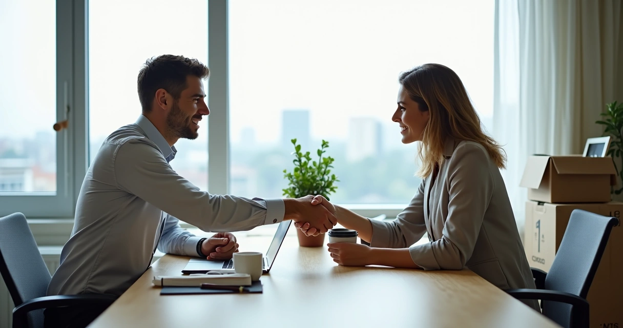 Manager and employee shaking hands calmly during a respectful exit meeting 