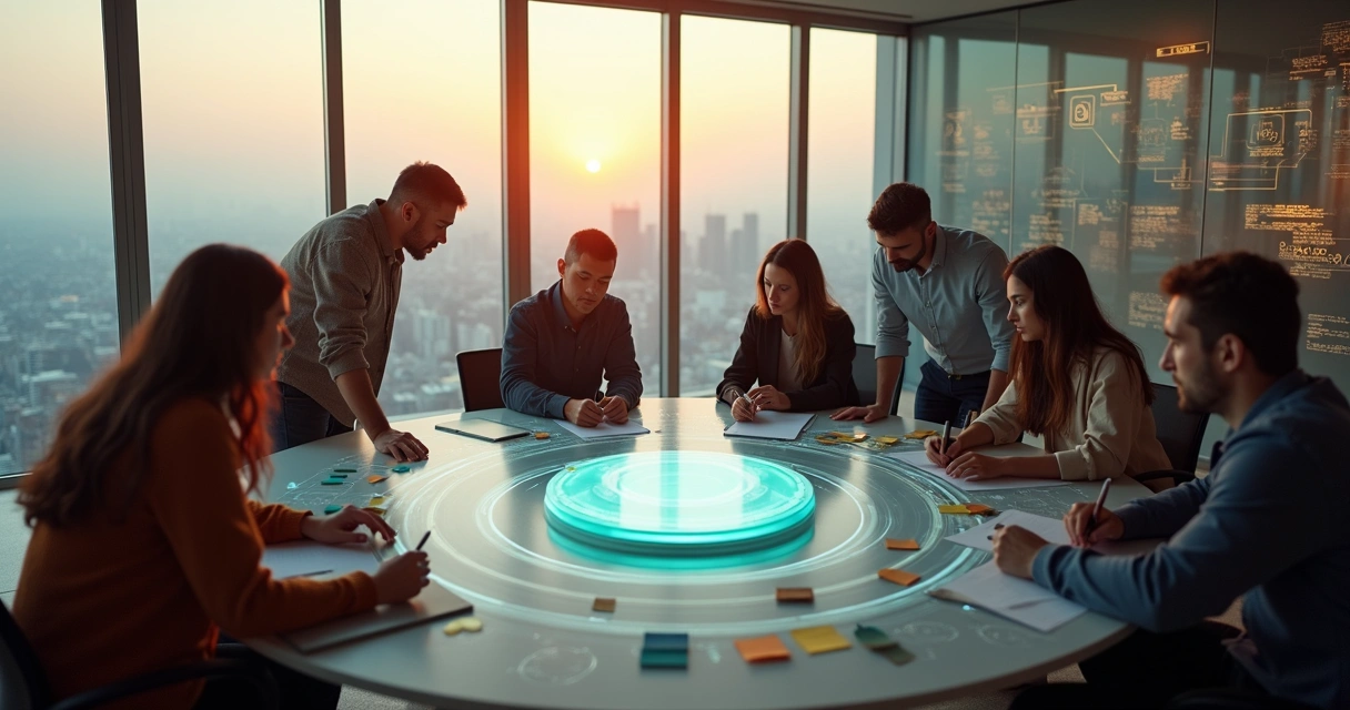 Diverse team in a modern office co-designing a conscious organization around a glowing central circle 