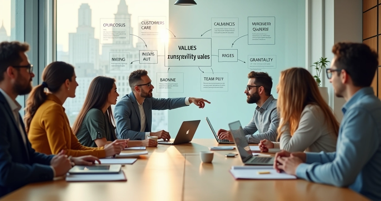 Diverse team in modern office aligning company values with daily work around a bright table 