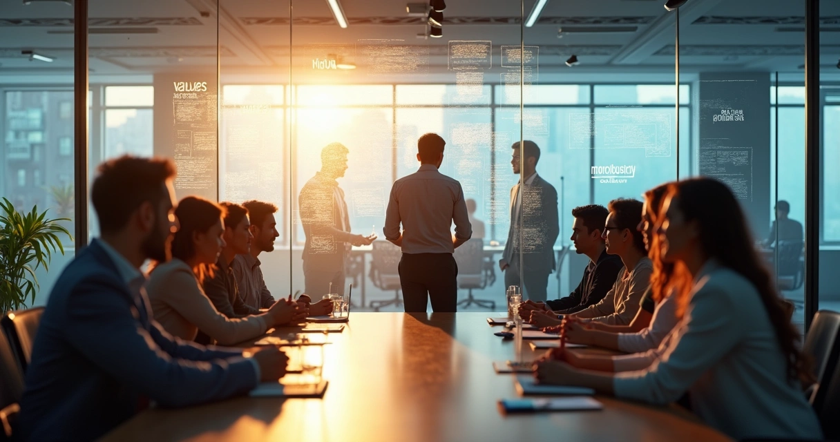 Leaders in a modern office surrounded by overlapping transparent thought layers 