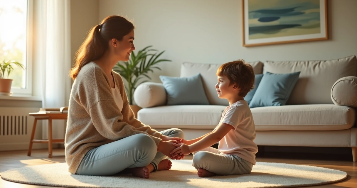 Parent and child sitting on floor facing each other holding hands in a calm living room 