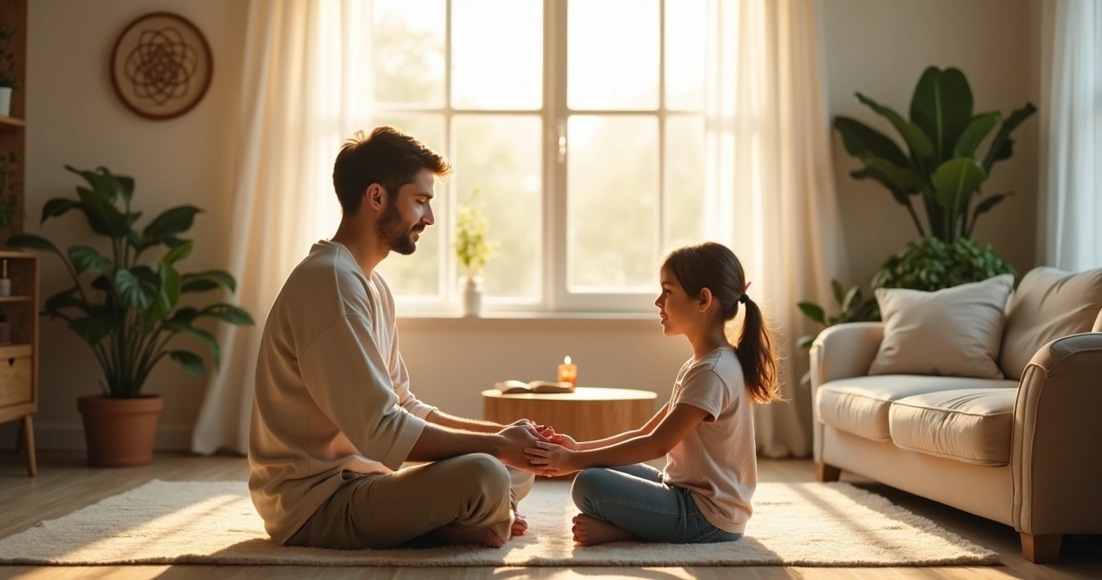 Parent and child sitting face to face in mindful connection at home 