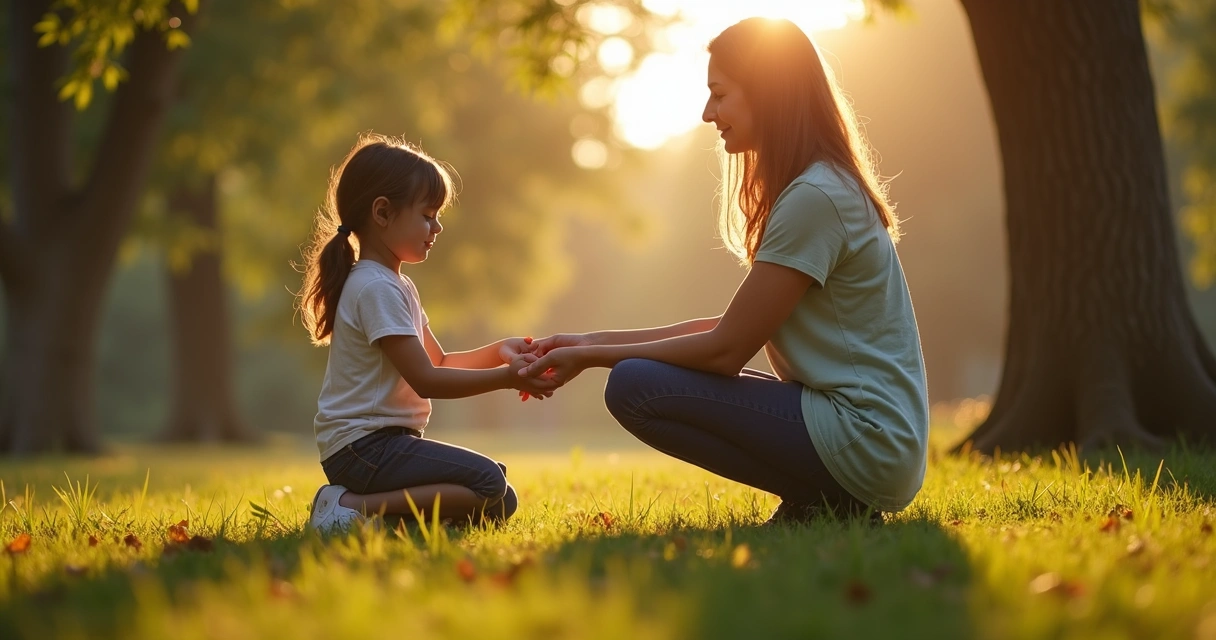 Parent kneeling with child surrounded by subtle glowing family rings 