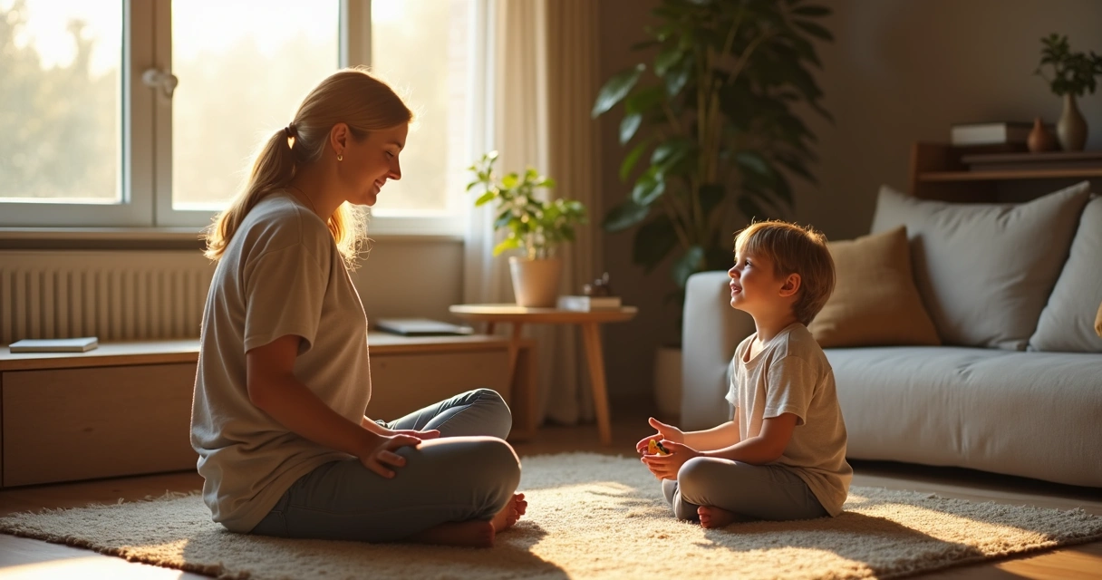 Parent listening attentively to child on living room floor 