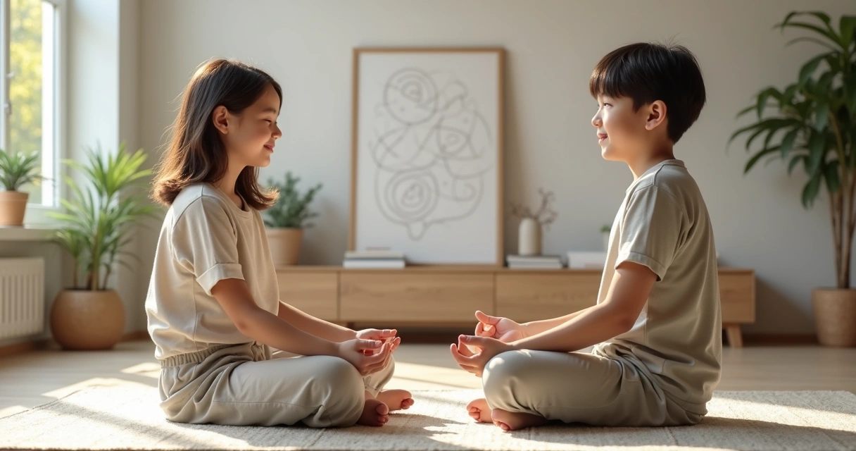 Parent and child sitting on the floor meditating together in a calm living room 