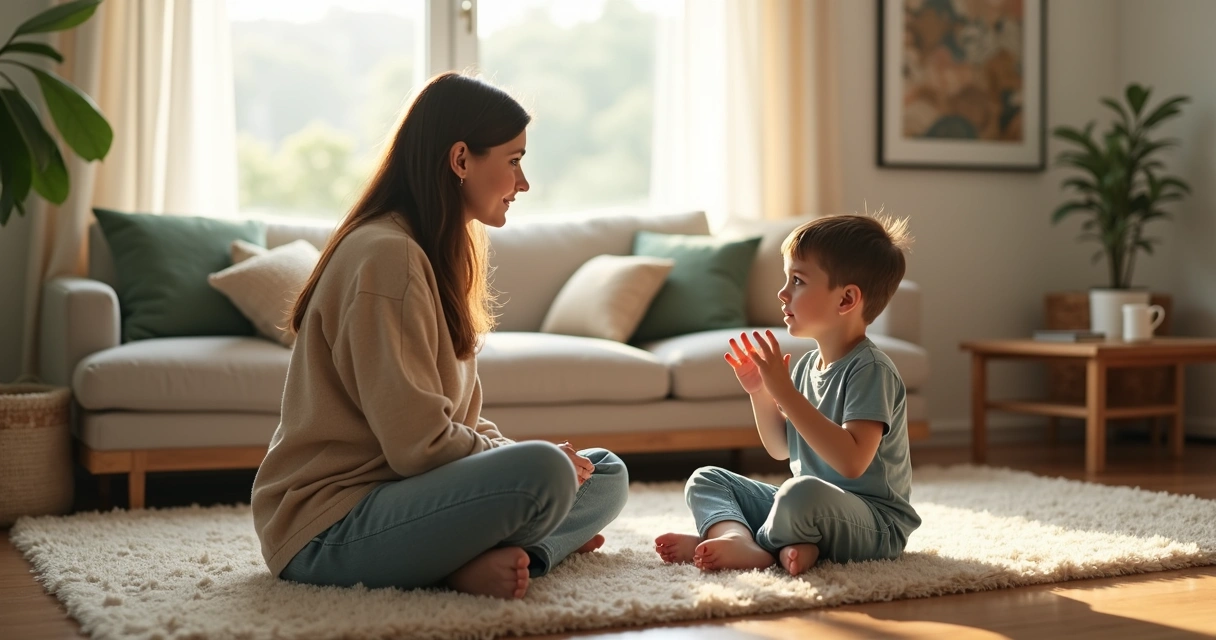 Parent and child sitting on living room floor talking calmly and connecting face to face 