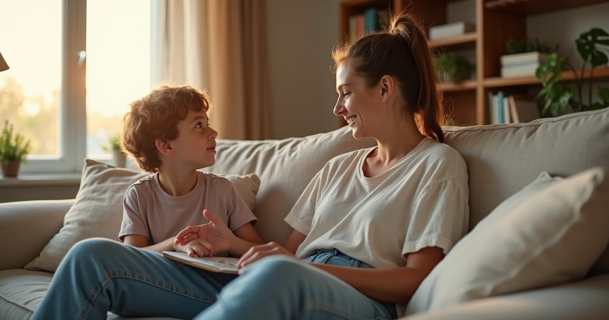 Parent and child sitting together on a sofa sharing a calm mindful moment 