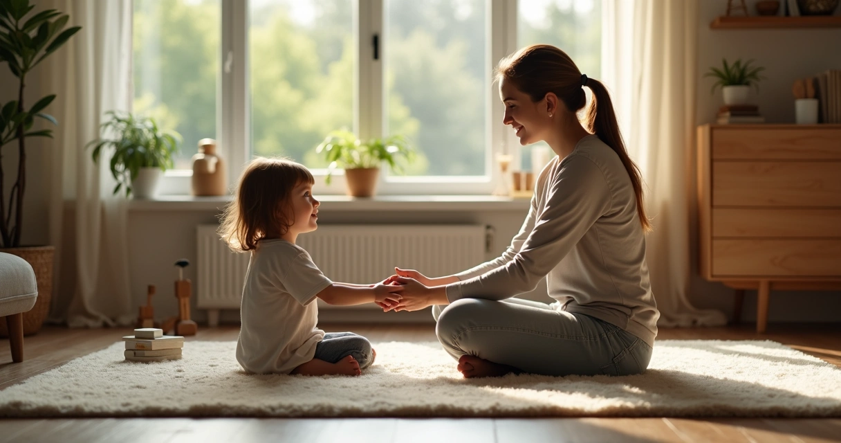 Parent and child sitting together on the floor in a calm living room practicing mindful connection 