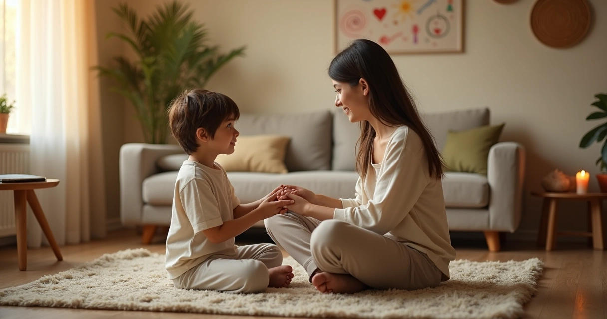 Parent and child sitting on floor in cozy living room practicing mindful connection 