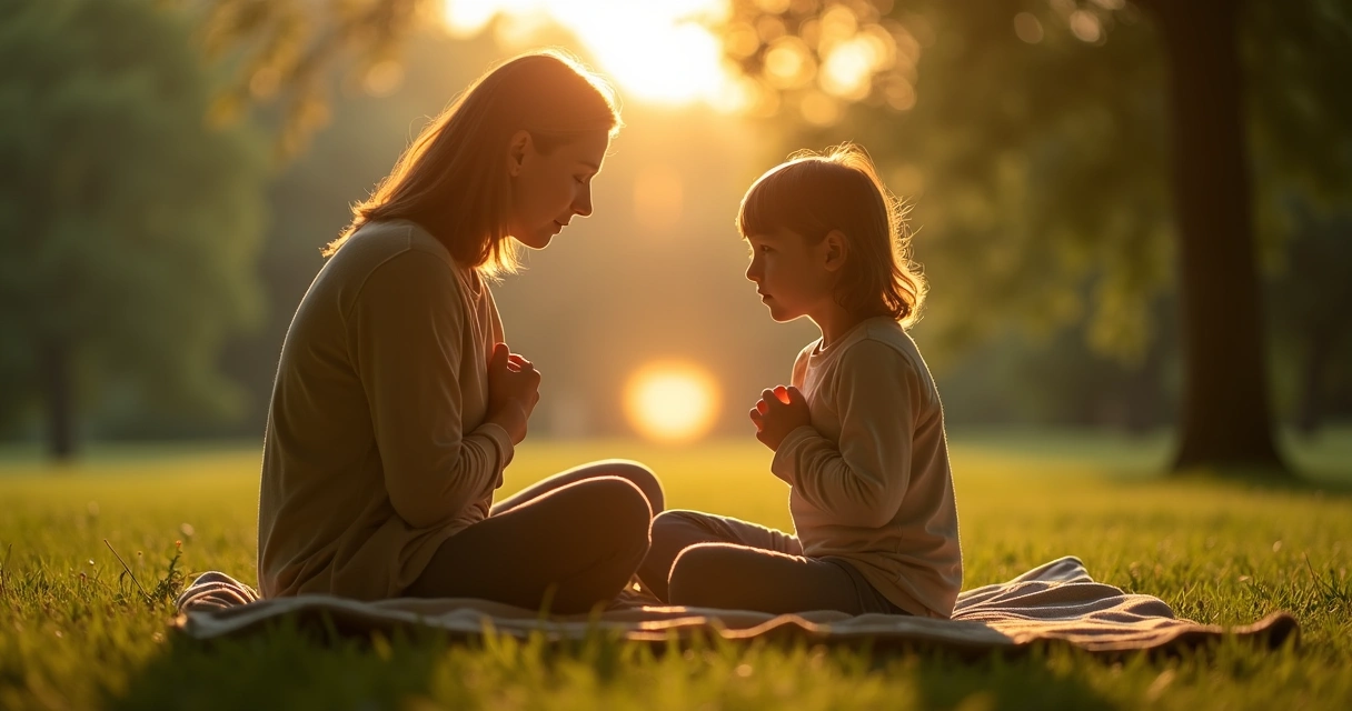 Parent and child sitting together in nature with light connecting their hearts 