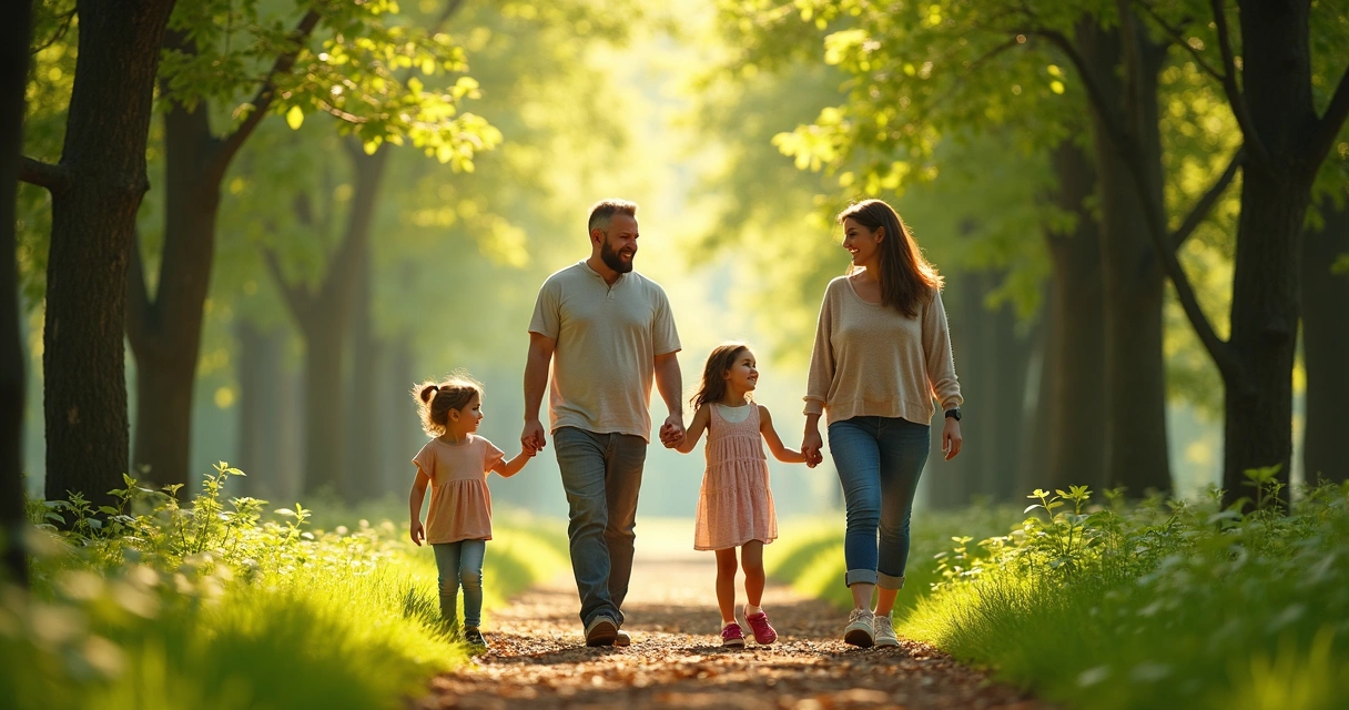 Family walking together outside with visible connection and joy