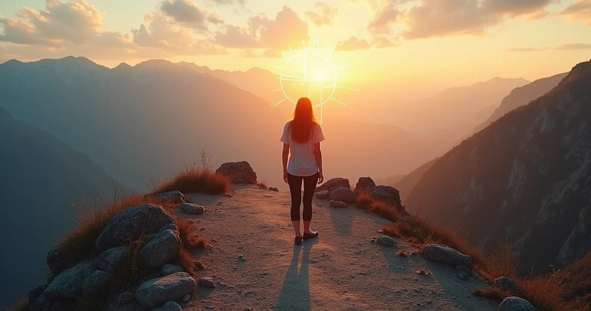 Person on a mountain path looking at a glowing horizon shaped like a compass 
