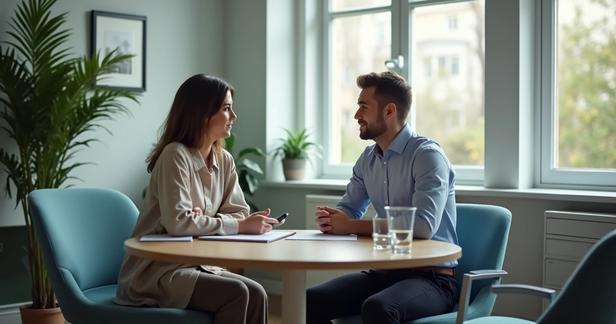 Team leader giving mindful feedback to employee in relaxed office