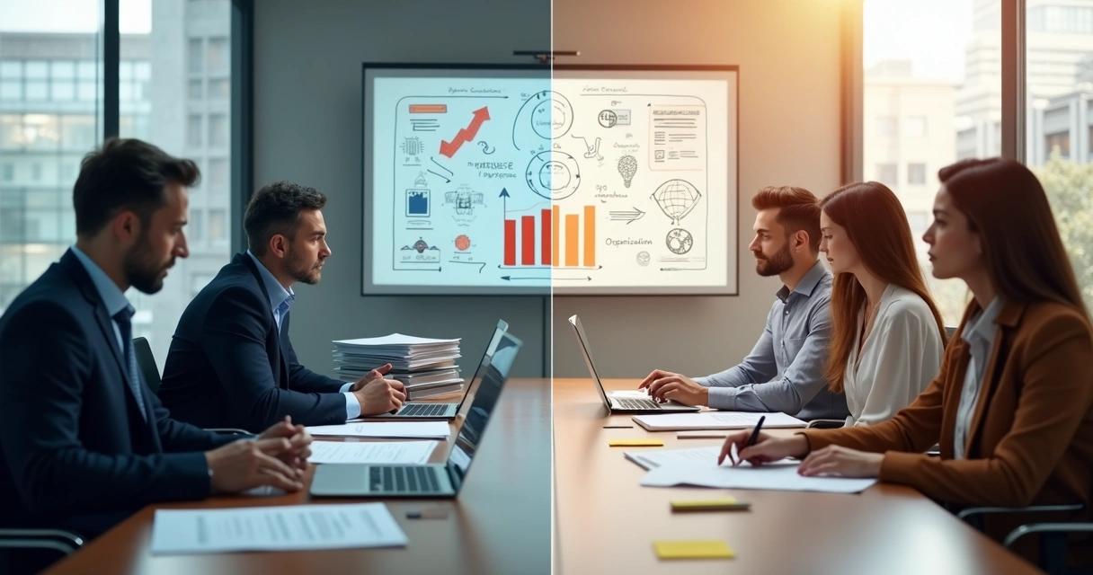 Split screen of traditional performance review and conscious human valuation 