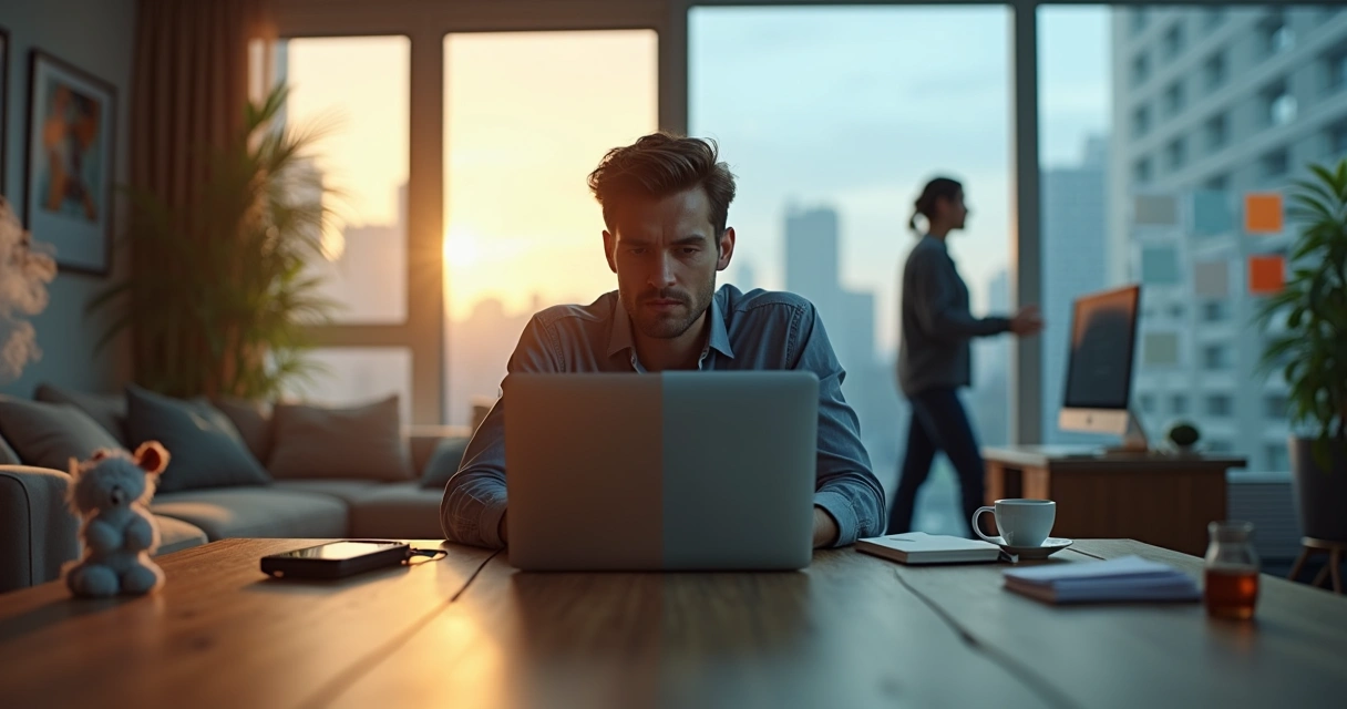 Person split between home and work environments surrounded by subtle distractions 