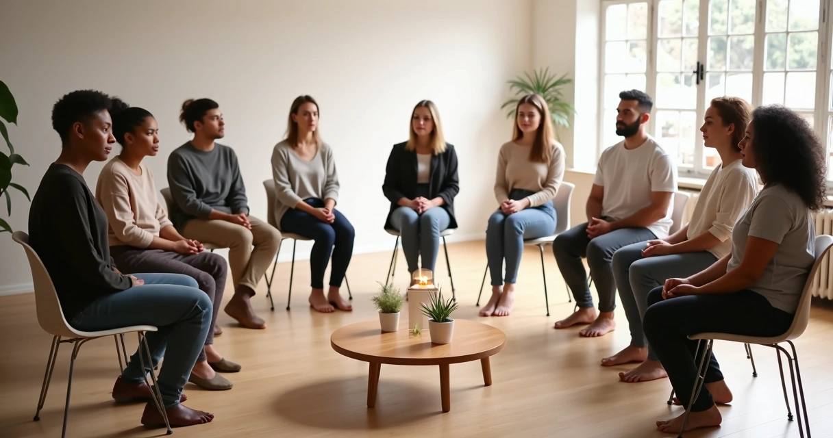 Diverse group sitting in a circle practicing mindful presence together 