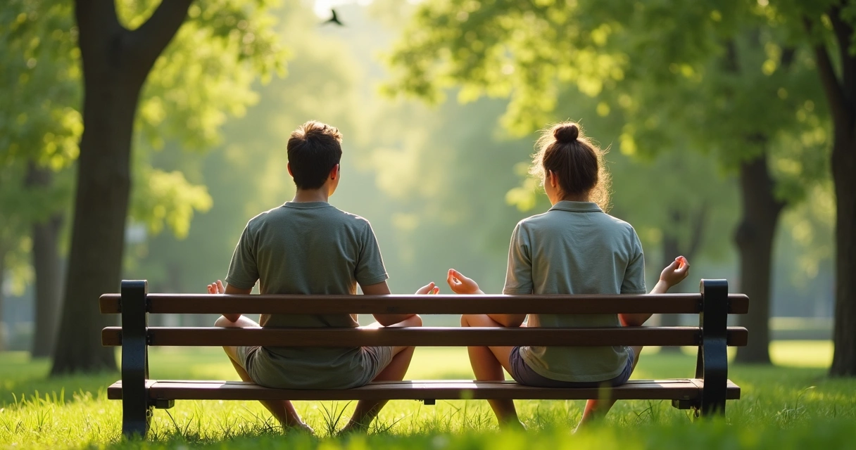 Two people sitting quietly on a park bench, one meditating, the other observing nature