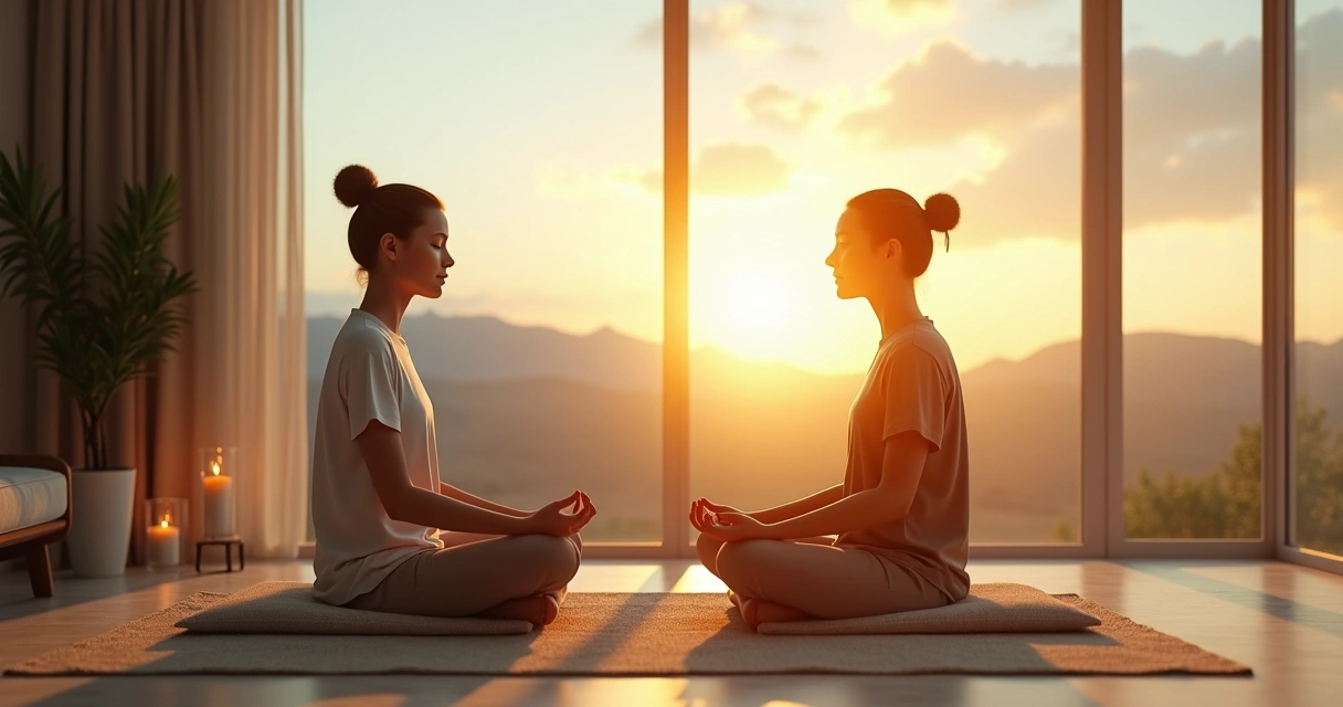 Person in nature split between mindful focus and spacious conscious presence 