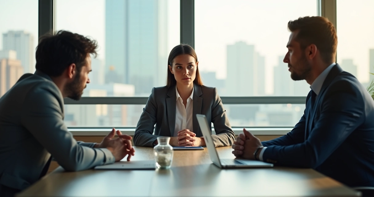 Calm professional mediating a tense workplace meeting using conscious presence 