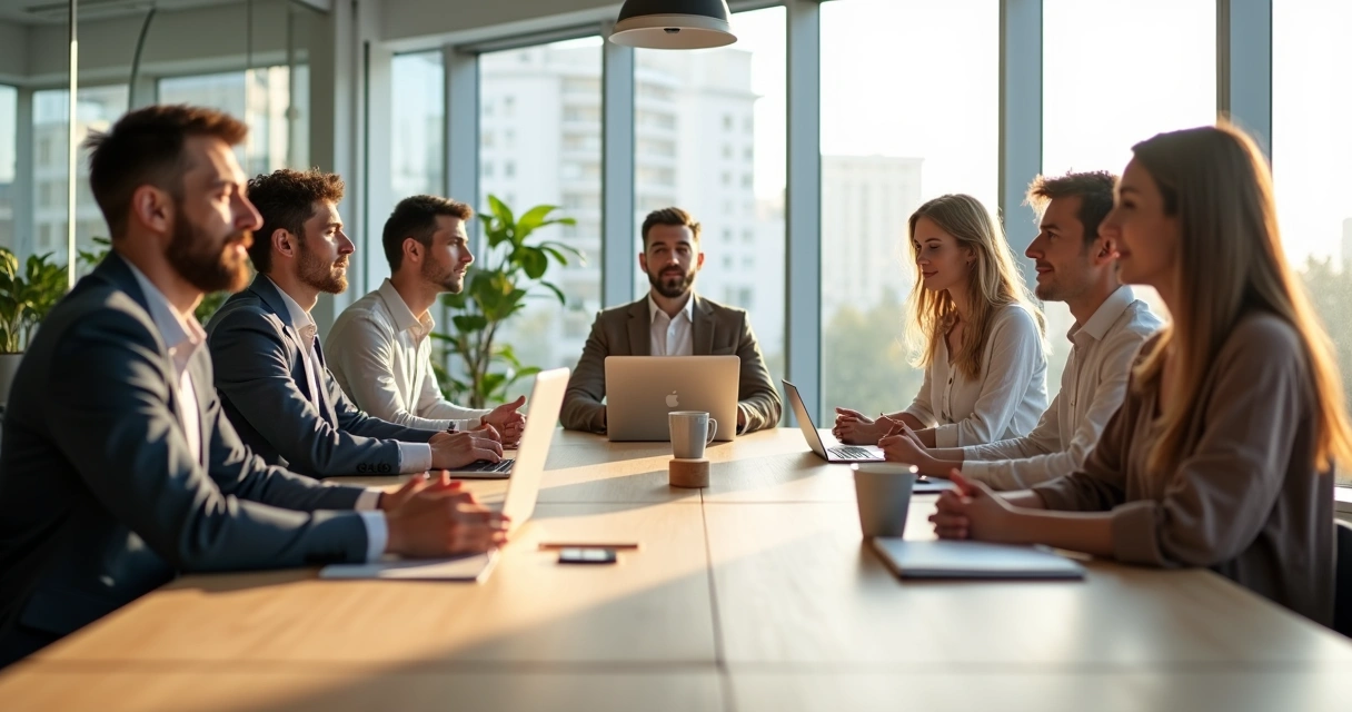 Diverse team in a calm office practicing mindful pause during a meeting 