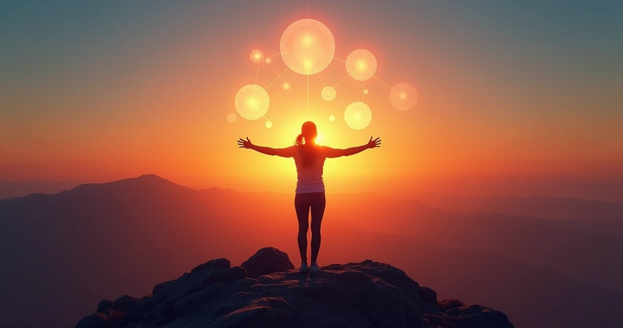 Person standing calmly on a mountaintop with sunrise, surrounded by interconnected circles 