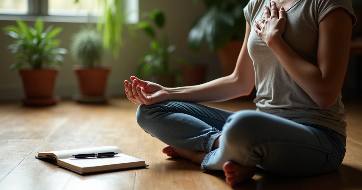 Person meditating with journal nearby, reflecting near window