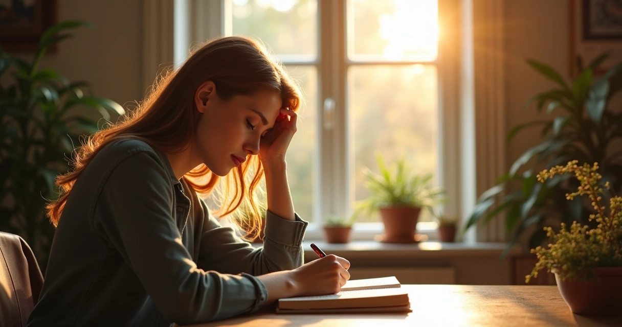 Person journaling in a quiet, sunlit room 