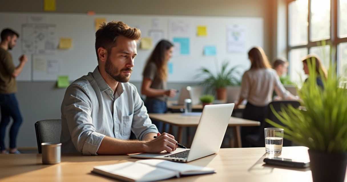 Professional pausing at a calm desk to reflect during the workday 