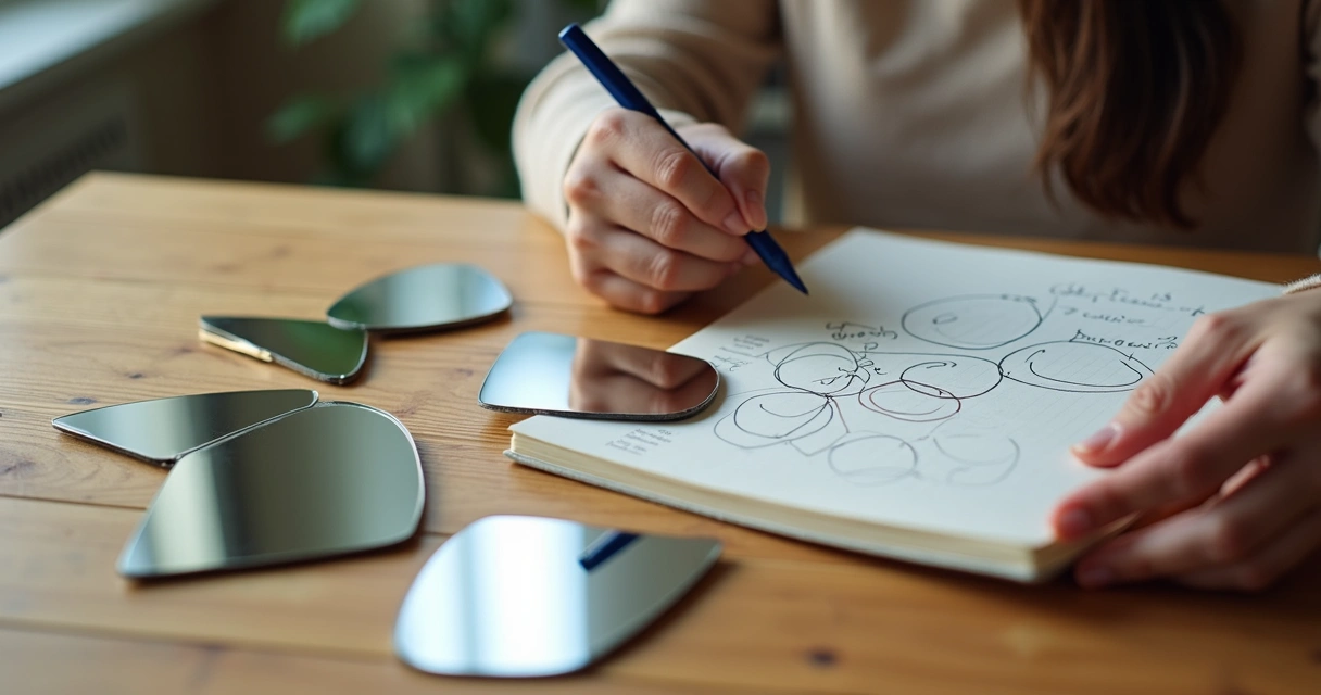 Person reflected in fragmented mirror pieces on a wooden table 