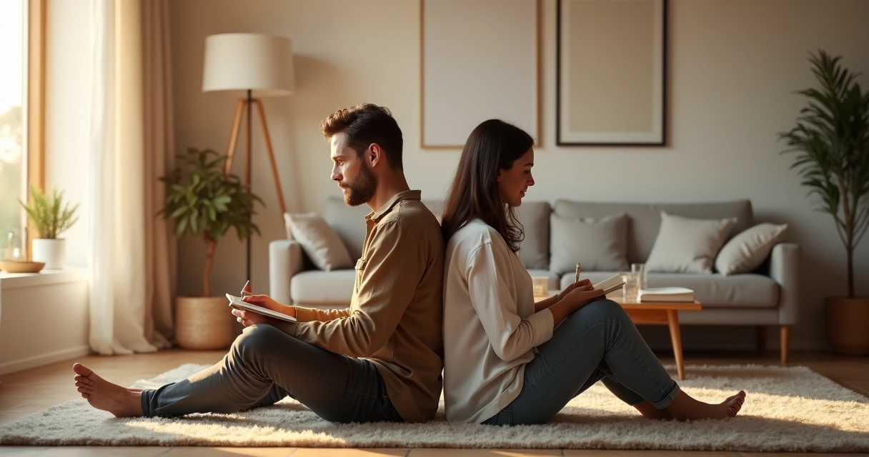 Couple sitting back to back reflecting separately in a calm room 