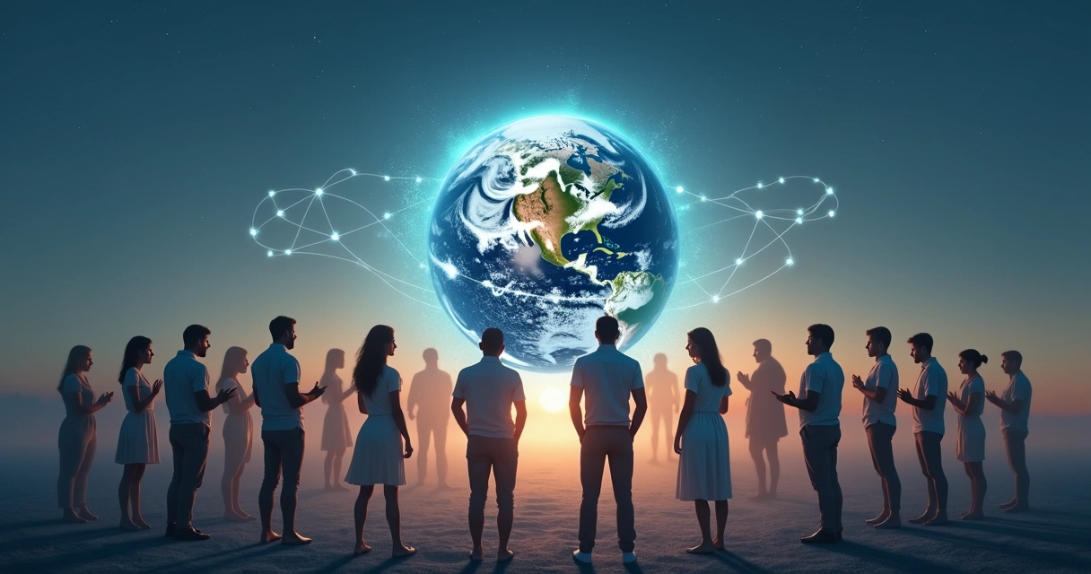 People forming a glowing interconnected network around the Earth 