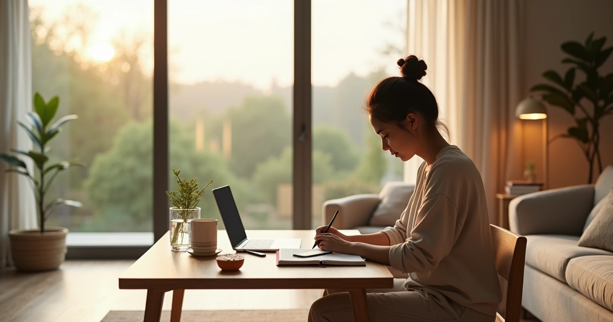 Person journaling morning intentions by a window with soft natural light 