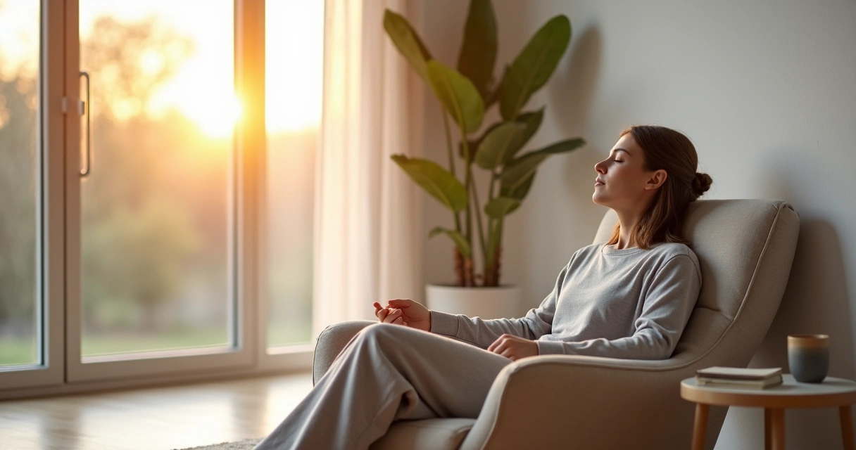 Person resting in chair by window with soft morning light 