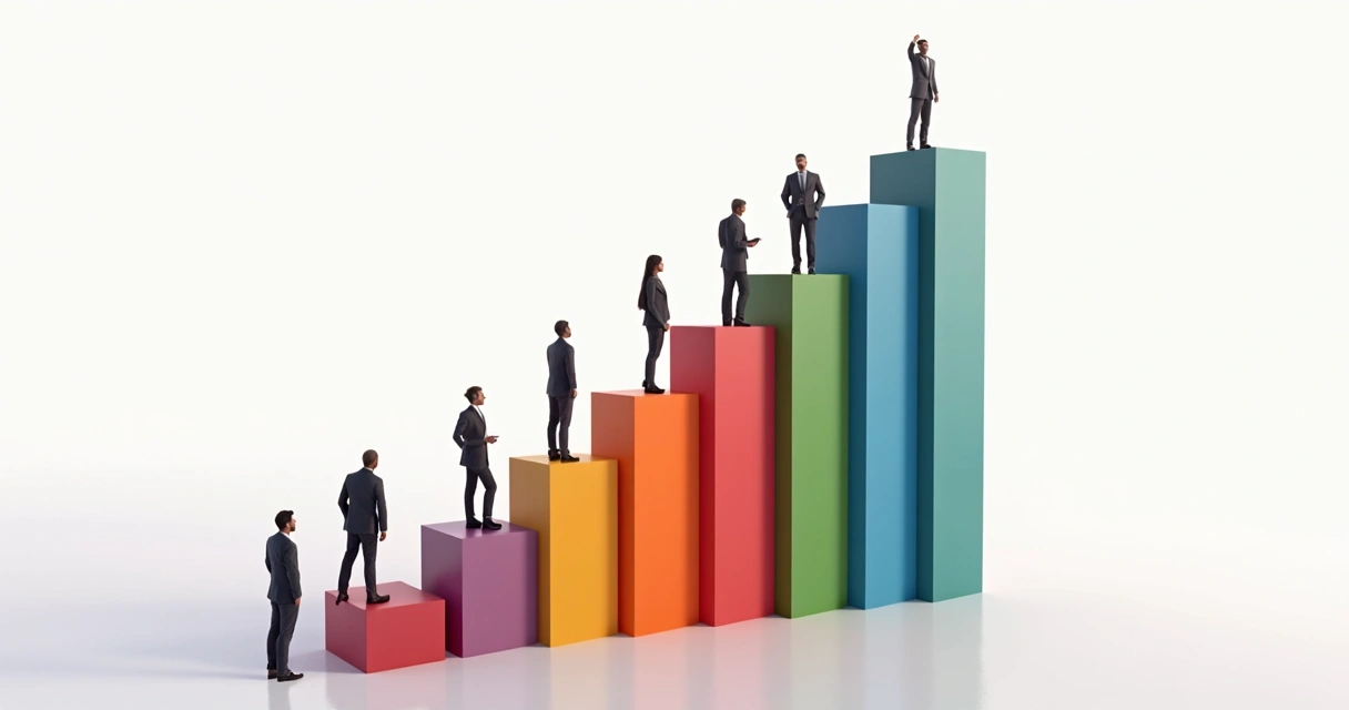 Bar graph rising with silhouettes of people at base 