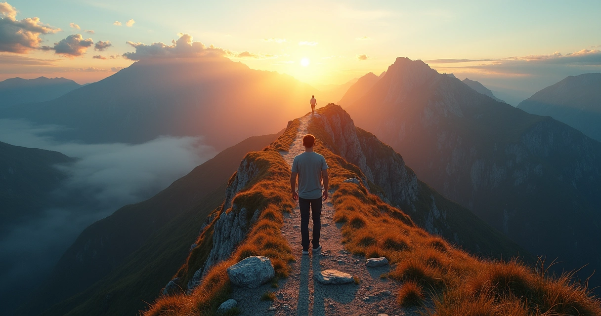 Person standing on mountain edge choosing a path between comfort and growth 