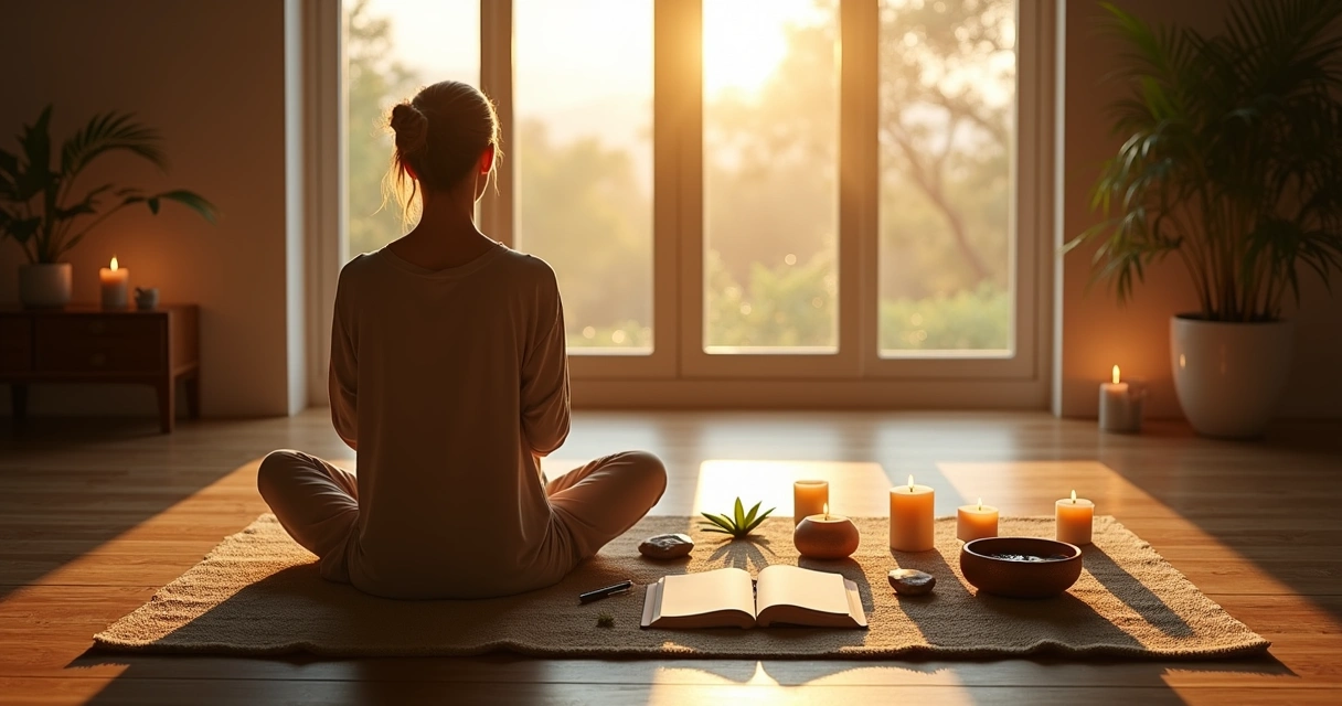 Person creating a calming ritual with candles journal and natural elements by a window 