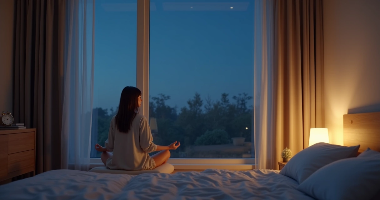 Person meditating calmly beside bed in softly lit bedroom at night 