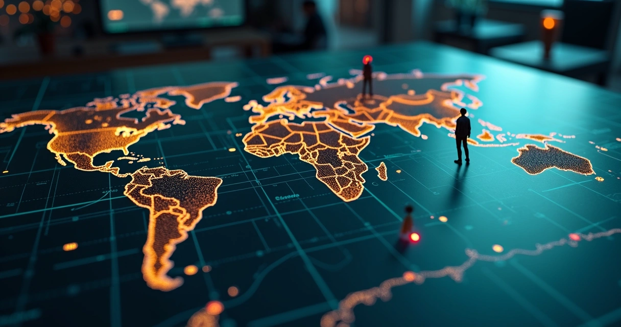 Global supply chain links glowing with human silhouettes and green pathways 